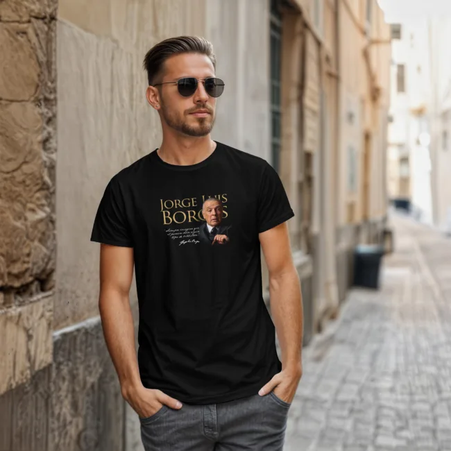 Playera literaria Jorge Luis Borges estilo clásico con frase sobre biblioteca y firma – Xtampa Libre