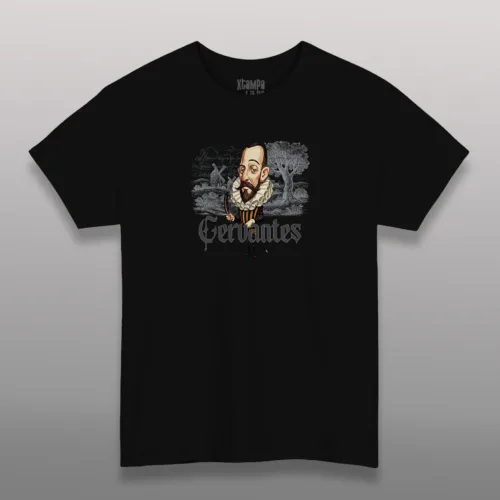 Playera literaria Miguel de Cervantes caricatura – T-shirt con frase de El Quijote