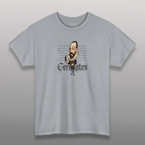 Playera literaria Miguel de Cervantes caricatura – T-shirt con frase de El Quijote