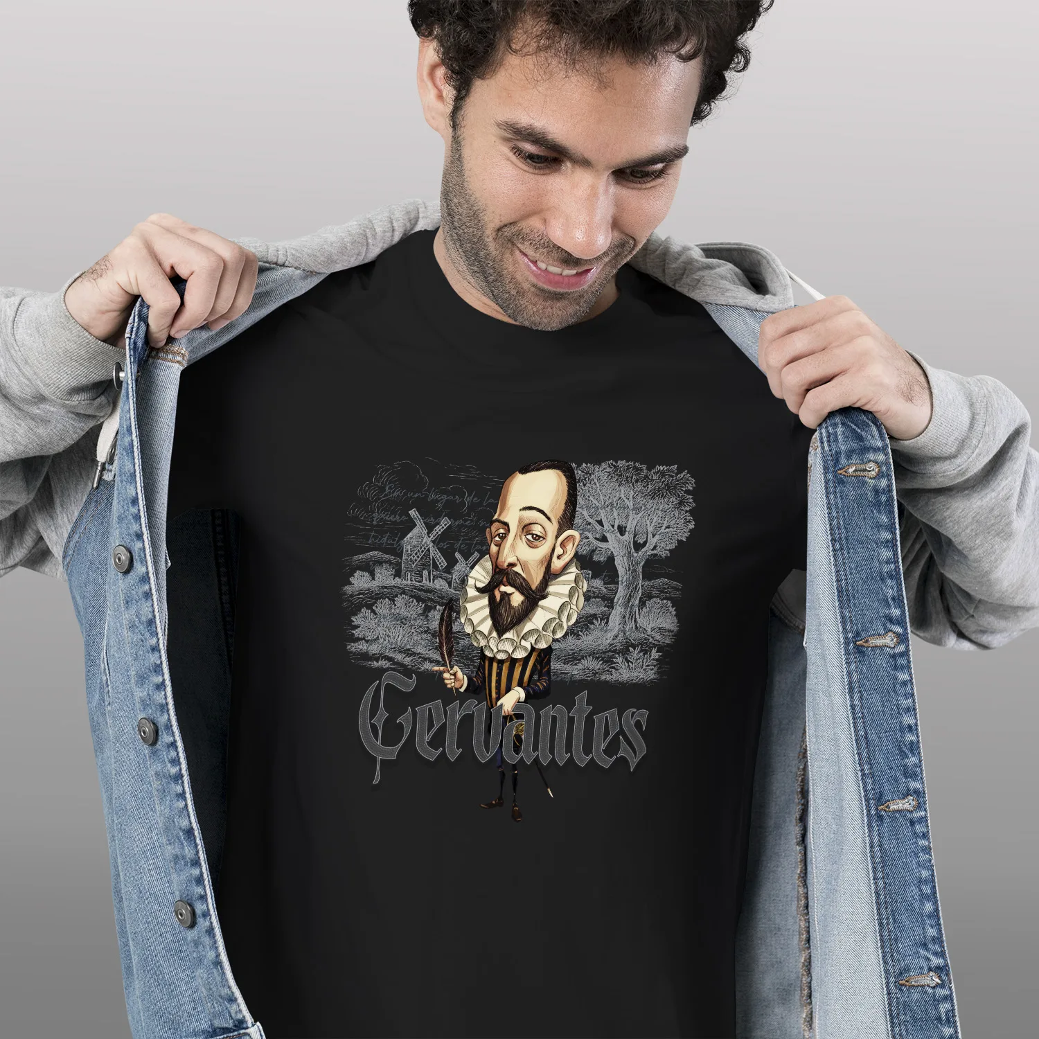 Playera literaria Miguel de Cervantes estilo caricatura con fragmento de El Quijote – Xtampa Libre