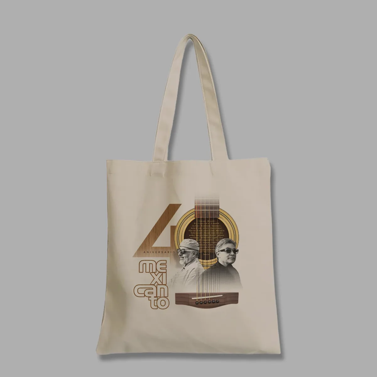 tote bag Mexicanto 40 Años – Edición Especial con Guitarra | Xtampa Libre – Diseño frontal impreso con técnica DTG.
