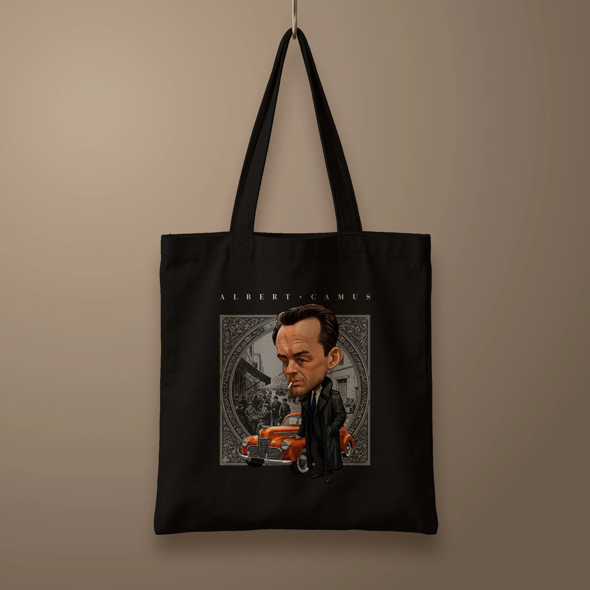 Escritores caricaturas_CAMUS_350x400_halftone Bolsa Tote_flat_negro