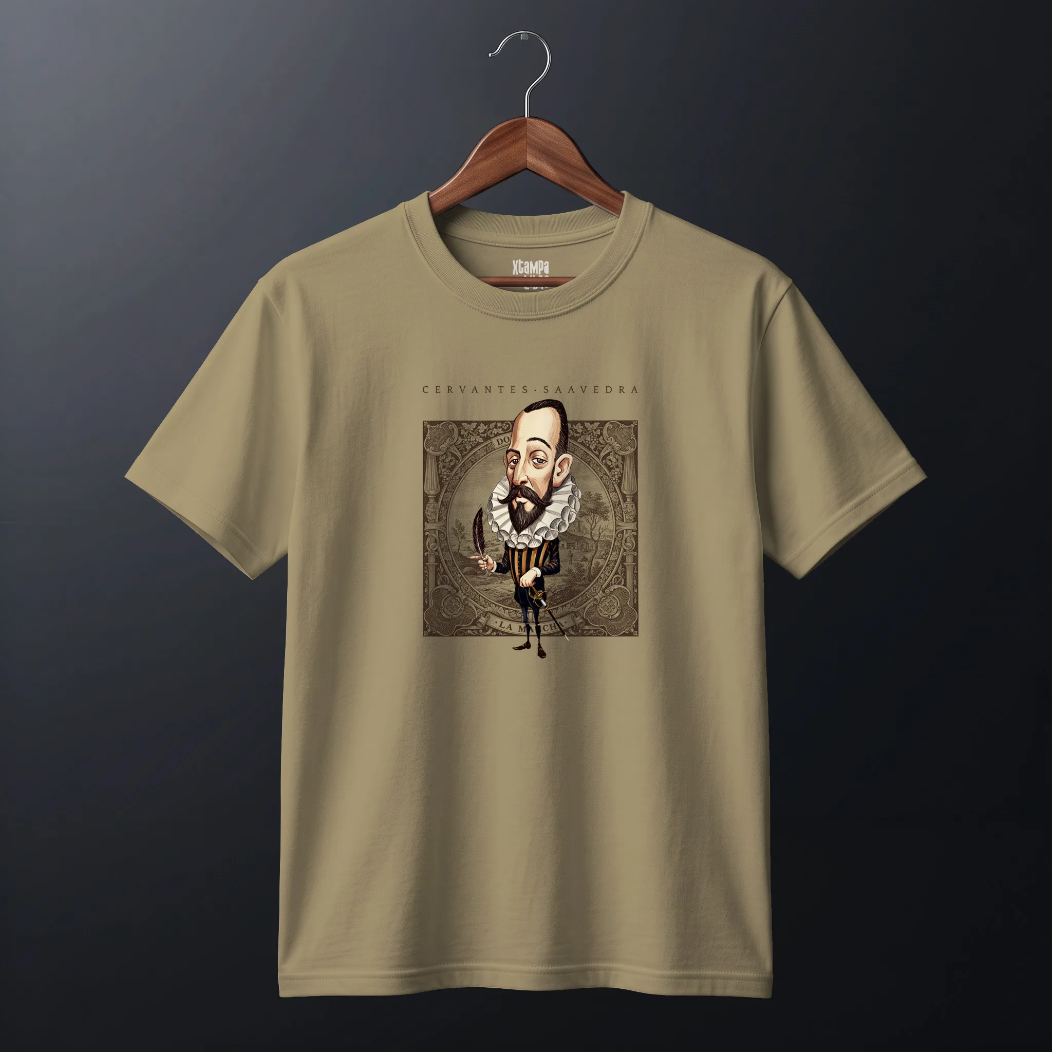 Escritores caricaturas_CERVANTES_350x400_halftone_CLARAS Mockup_playeras_FLAT_BEIGE